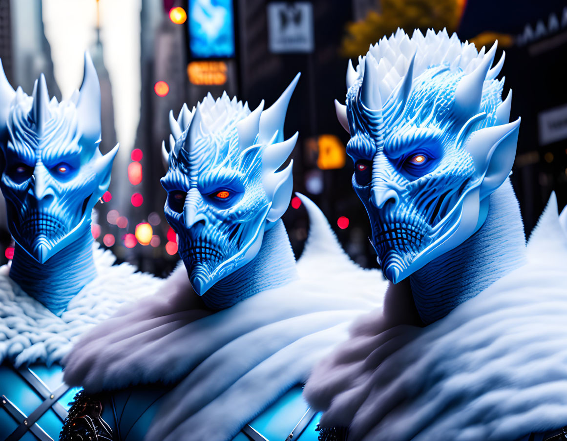 Three individuals in white and blue fantasy costumes with spiked headpieces and glowing blue eyes.