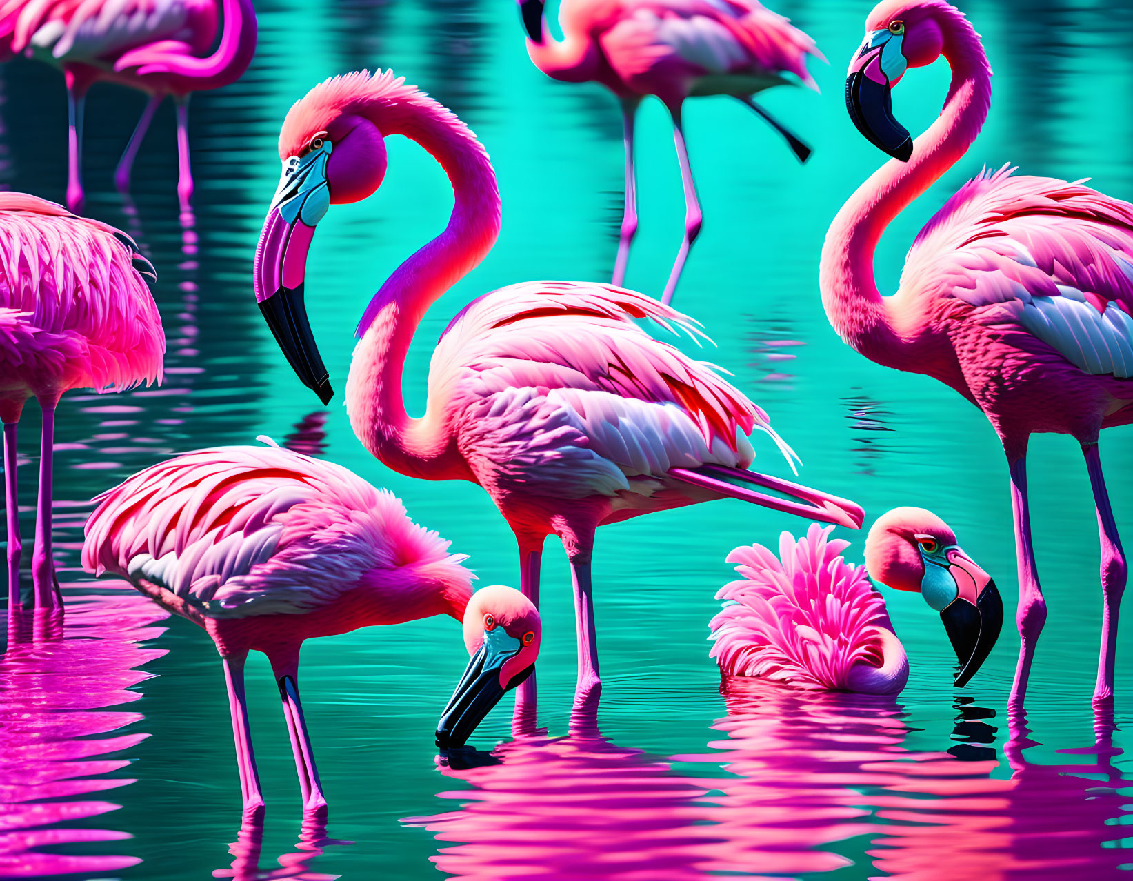 Pink flamingos in teal water: a vibrant flock scene.