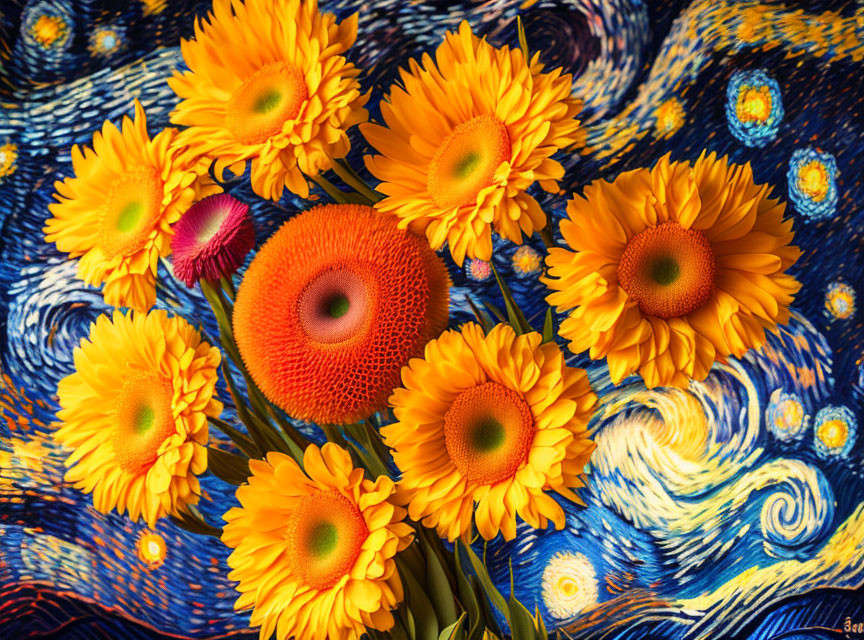 Colorful sunflowers and swirling patterns on canvas resembling Starry Night.