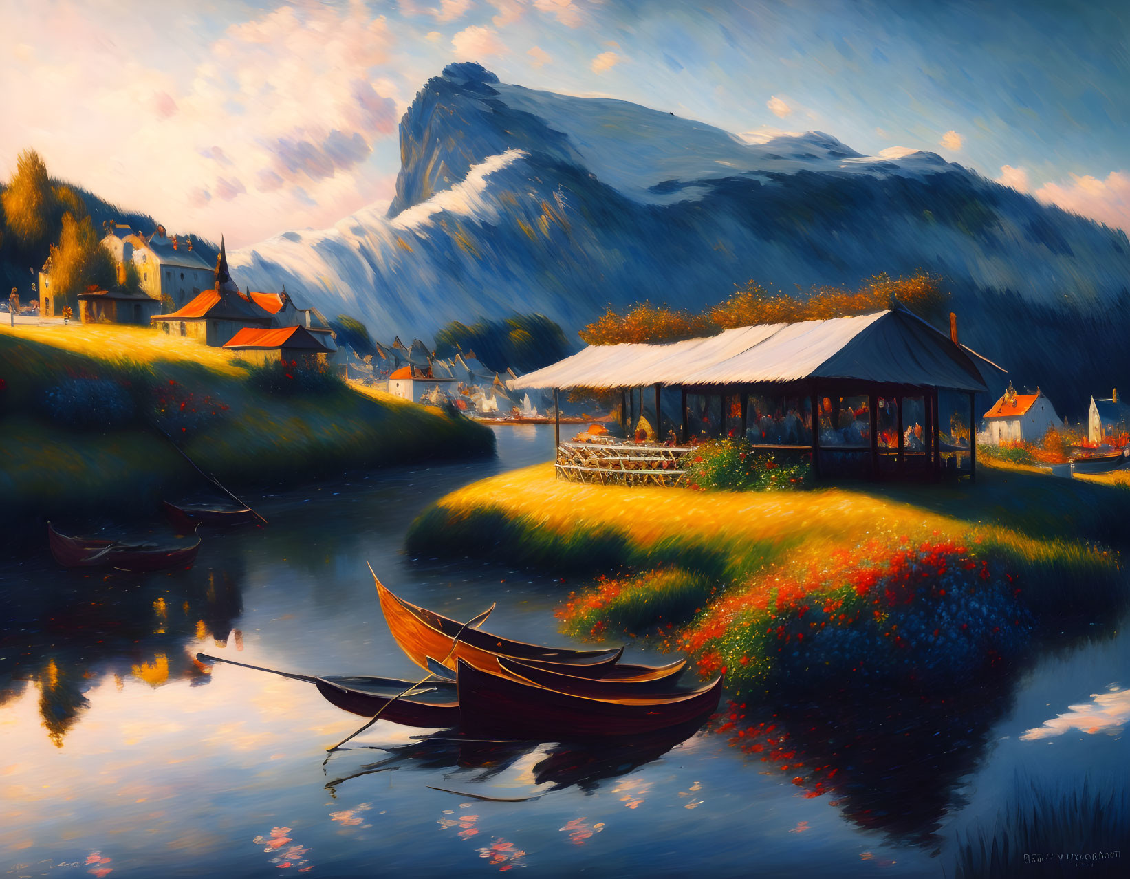 Serene river landscape with boats, gazebo, mountains at sunset