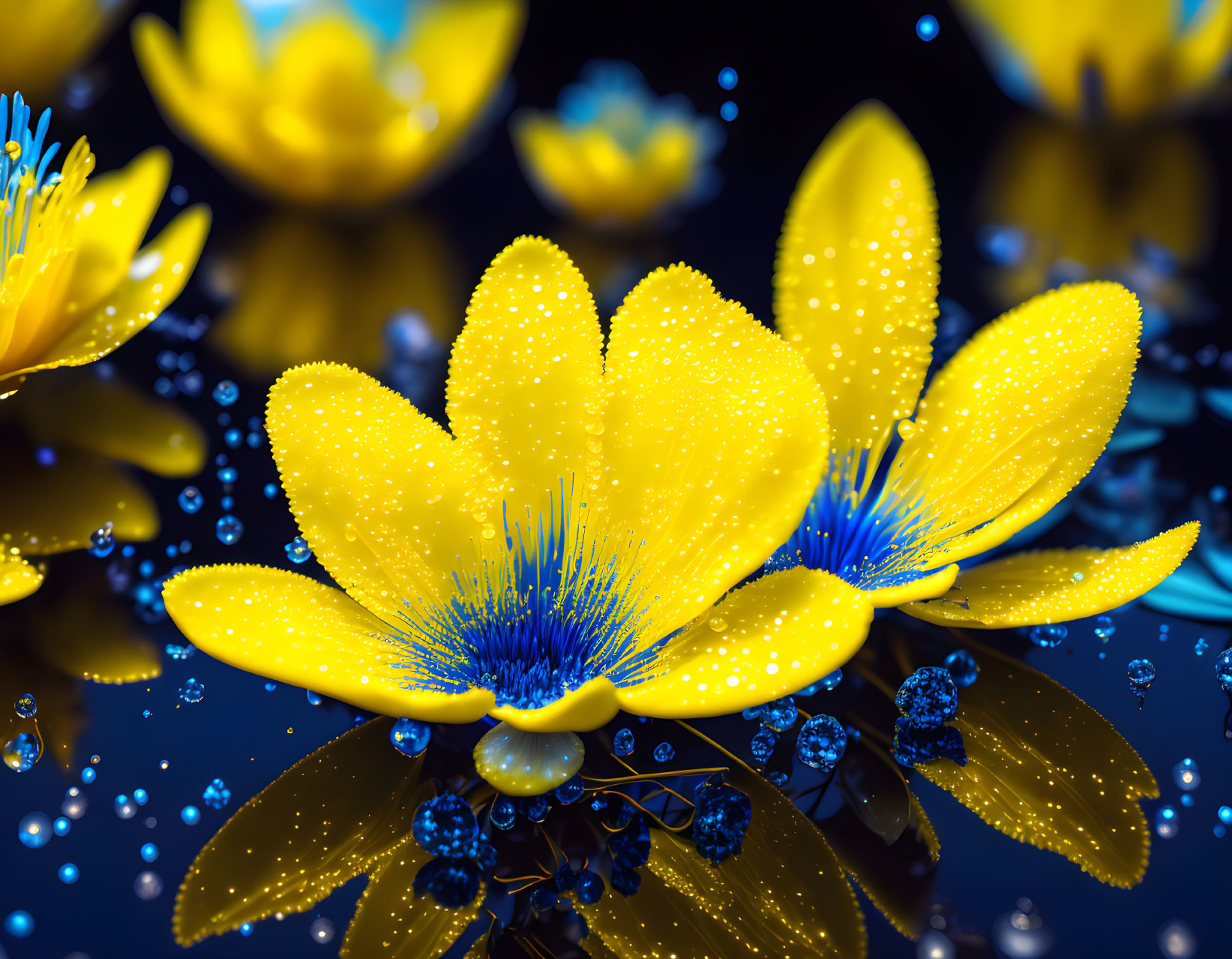 Vivid Yellow Flowers with Blue Centers and Dewdrops on Reflective Surface