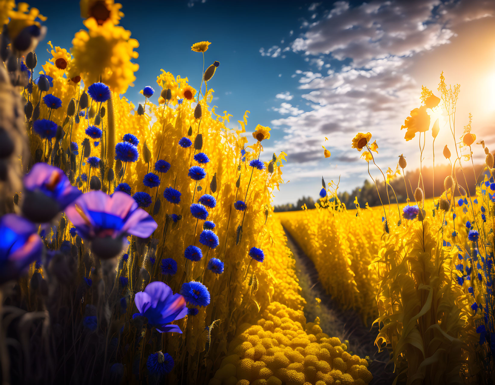 Sunny field with yellow and purple flowers under blue sky