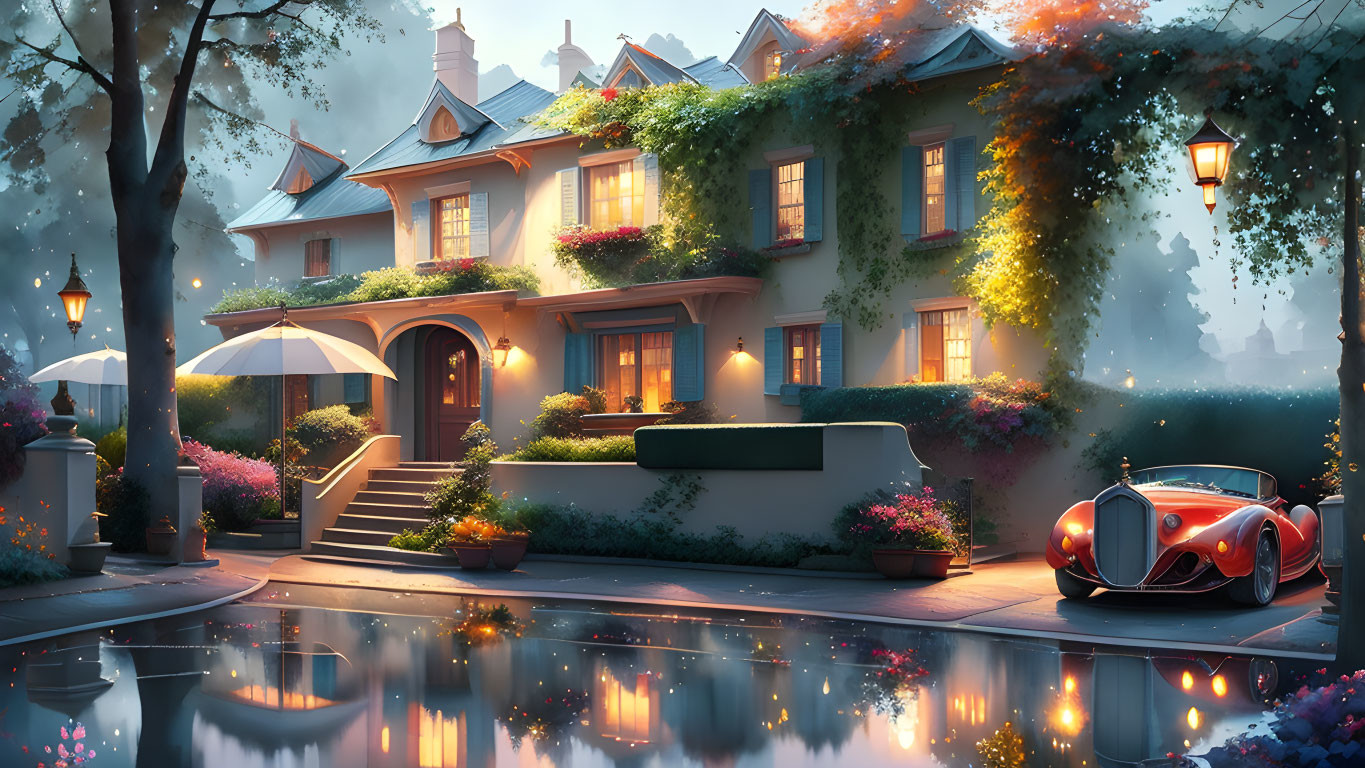 Luxurious house with vintage car, lush greenery, and reflective pond at evening