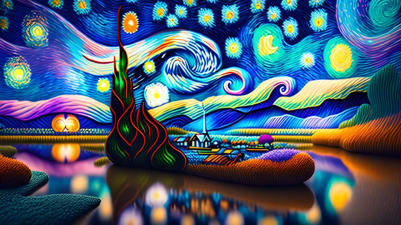 Colorful landscape painting with swirling skies, fiery tree, reflective water, and whimsical village.