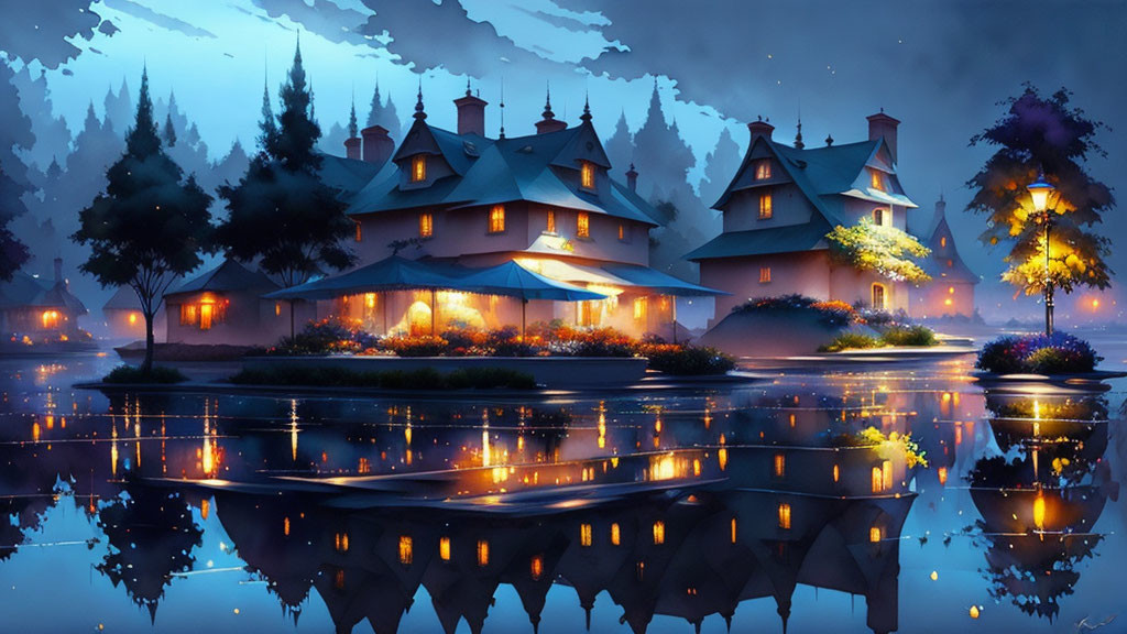 Twilight scene of illuminated house by calm lake