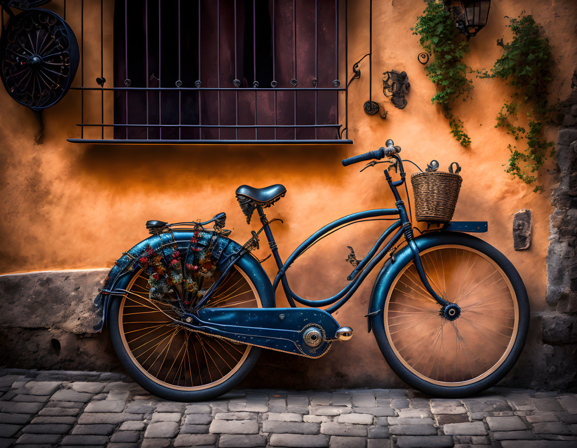 Vintage Blue Bicycle Leaning Against Orange Stucco Wall with Wicker Basket