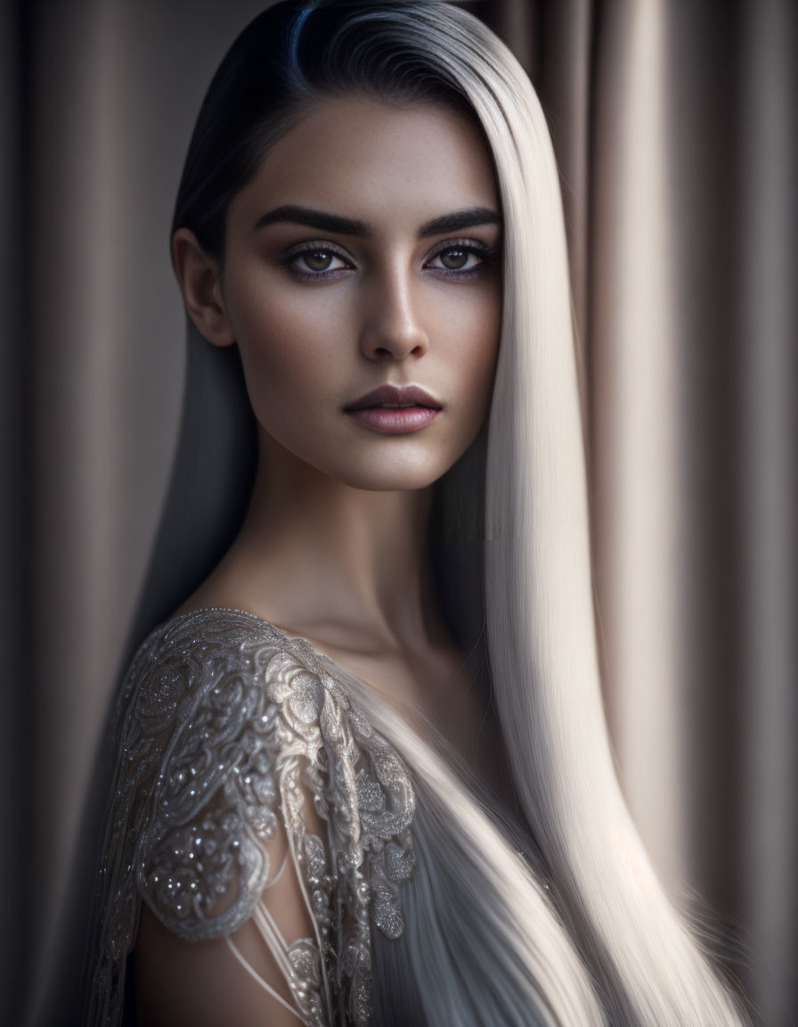 Portrait of woman with blue eyes, blonde hair, fair skin, in beaded dress behind curtain