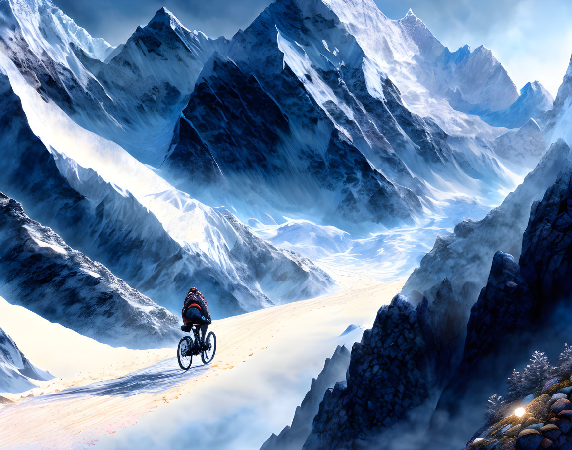 Cyclist riding snowy mountain pass under sunlight