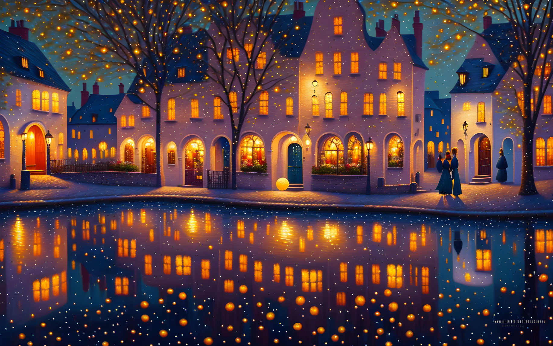 Charming cobblestone street with warmly lit houses and couple by water