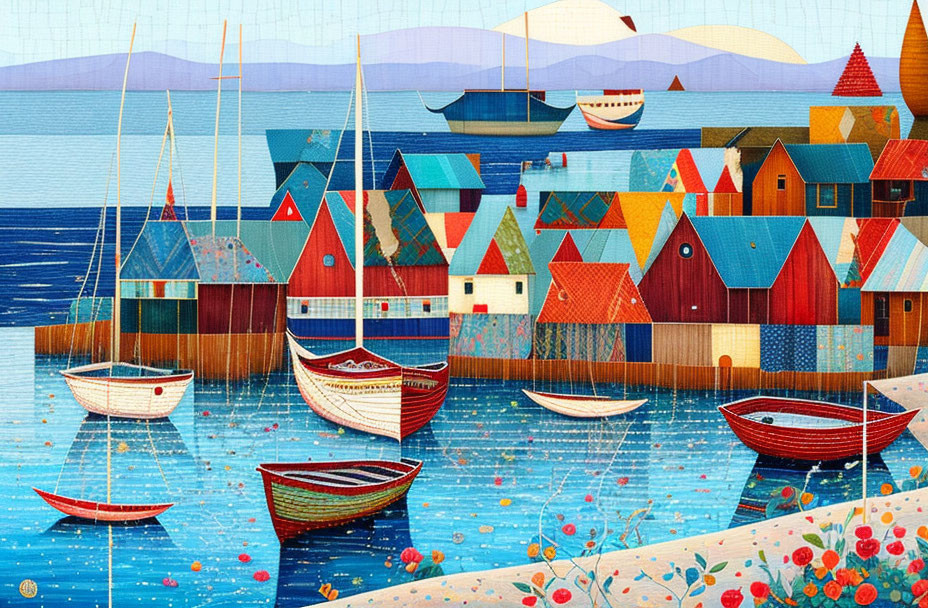 Vibrant seaside village illustration with houses, boats, hills, and patterned sky