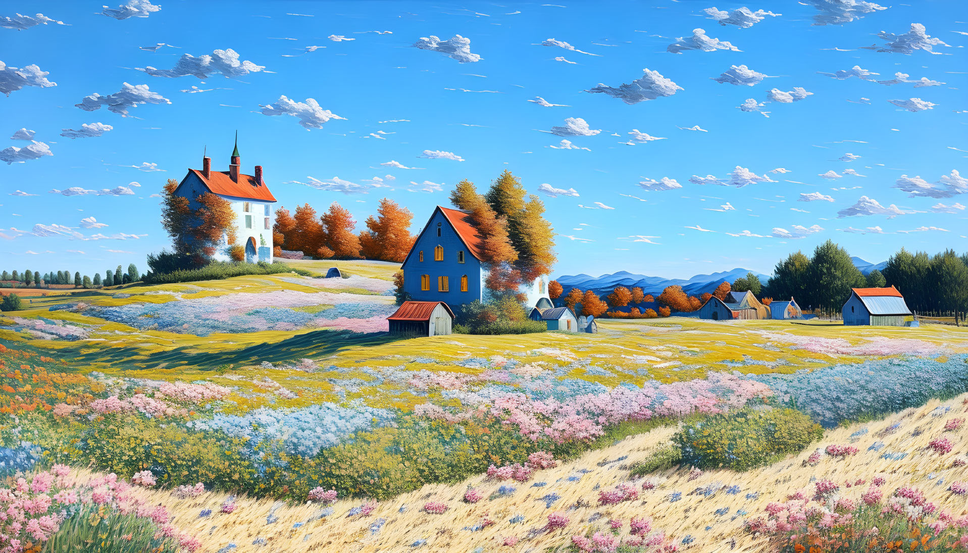 Colorful landscape painting: countryside, castle on hill, blooming fields, blue house, clear sky