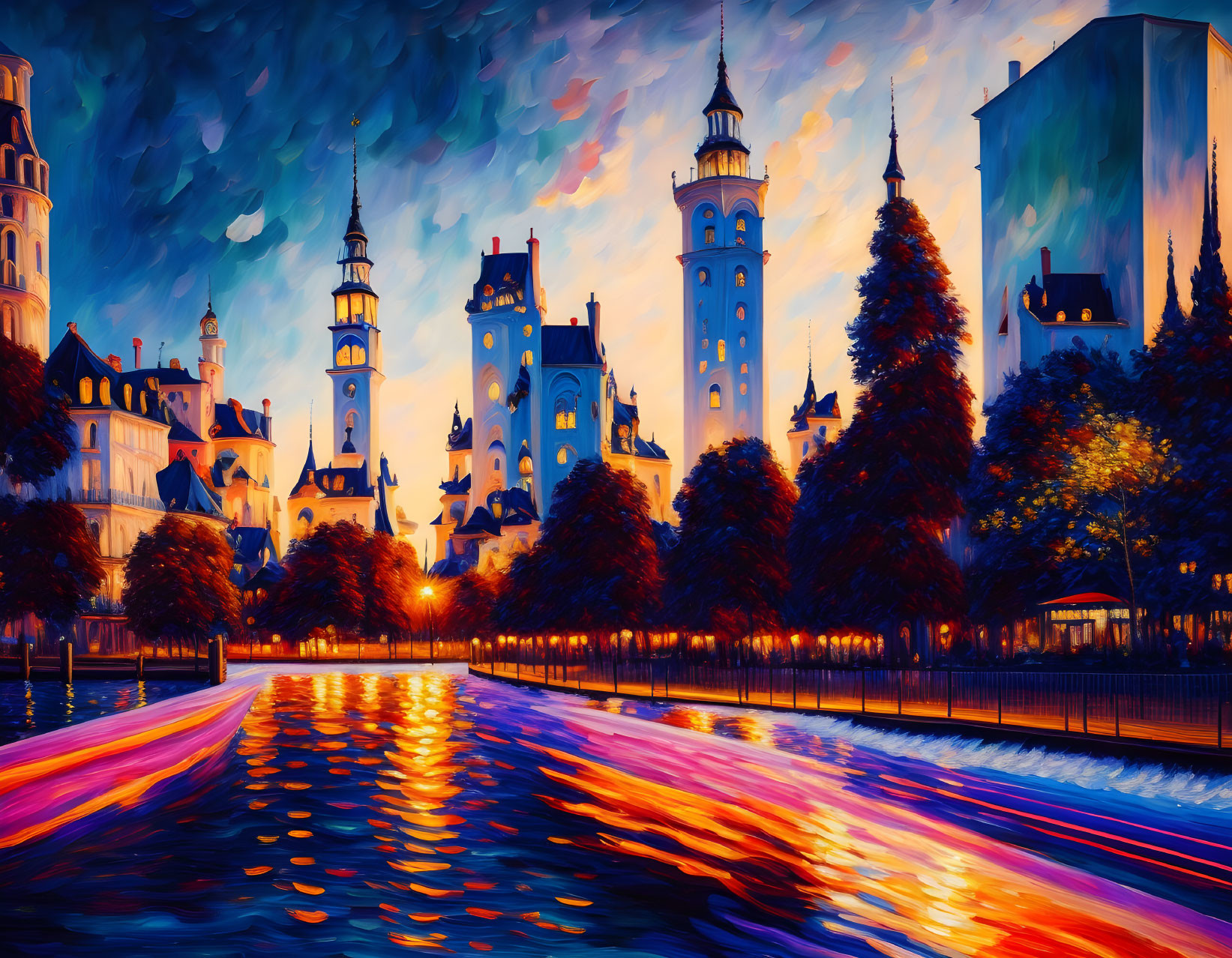 Colorful Cityscape Painting: Illuminated Buildings Along River at Dusk