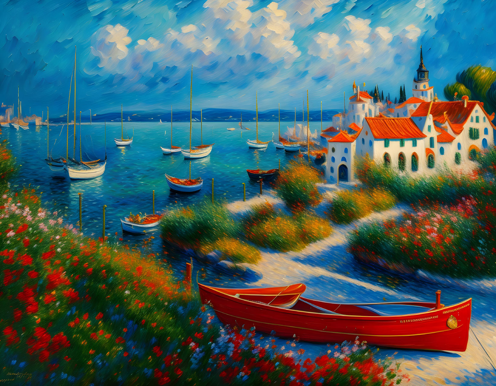 Colorful Coastal Painting with Red Boat and Sailboats