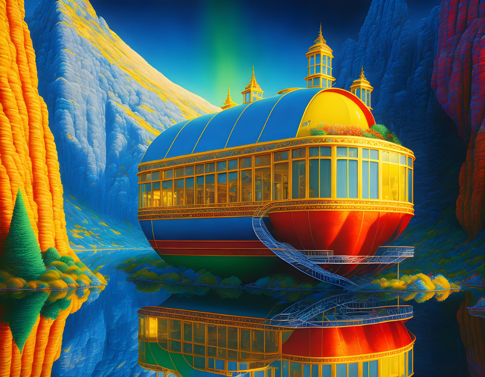 Golden-domed structure nestled between colorful cliffs, reflecting on calm waters under northern lights.