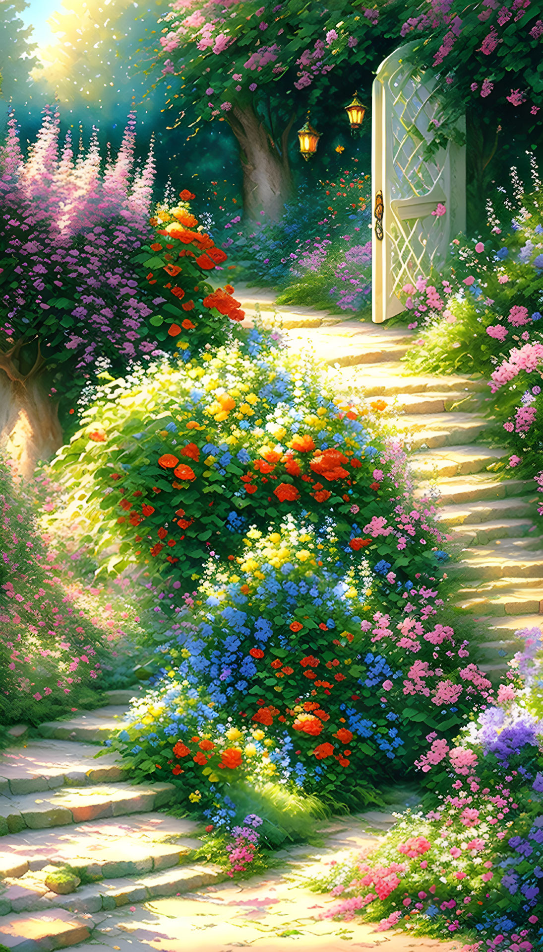 Lush garden with stone stairway, colorful flowers, greenery, white gate, sunlit canopy