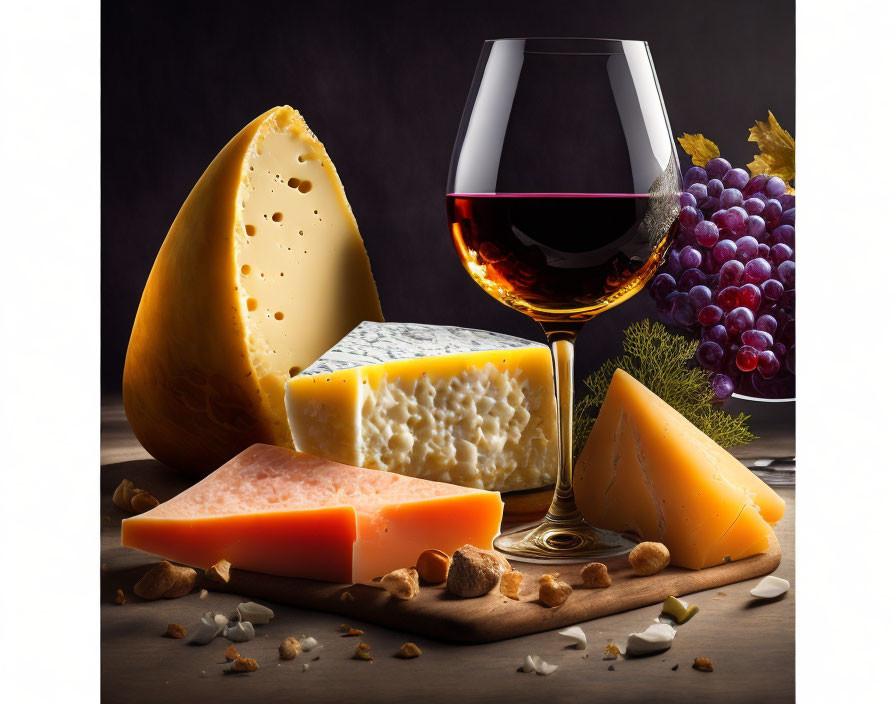 Assorted cheese, red wine, grapes, nuts, and almonds on dark table