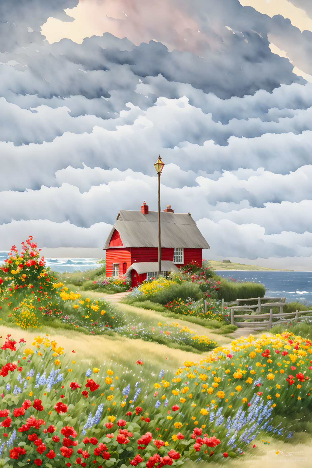 Colorful wildflowers surround red house under dramatic sky with lit lamp post