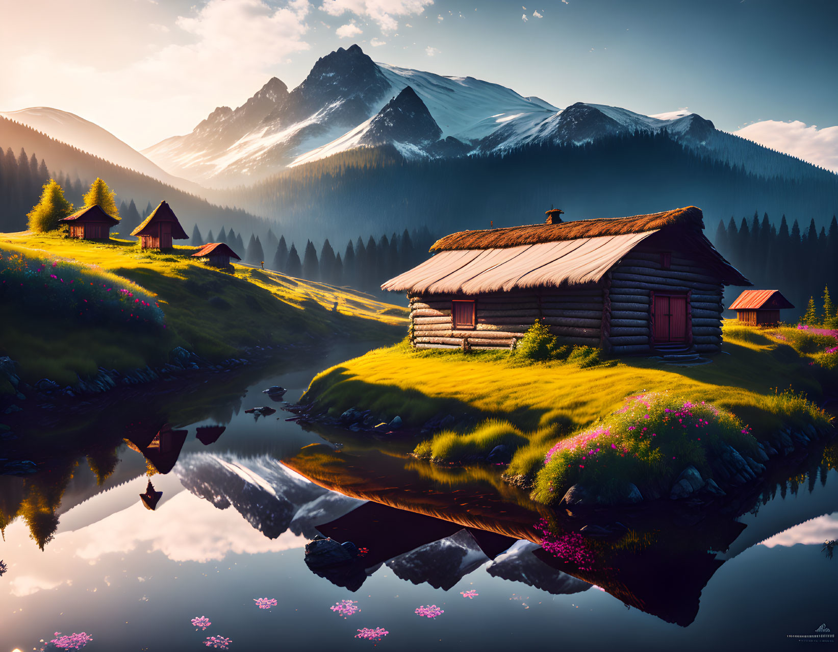 Tranquil Sunrise Scene: Wooden Cabin, Reflective Lake, Meadows & Mountains