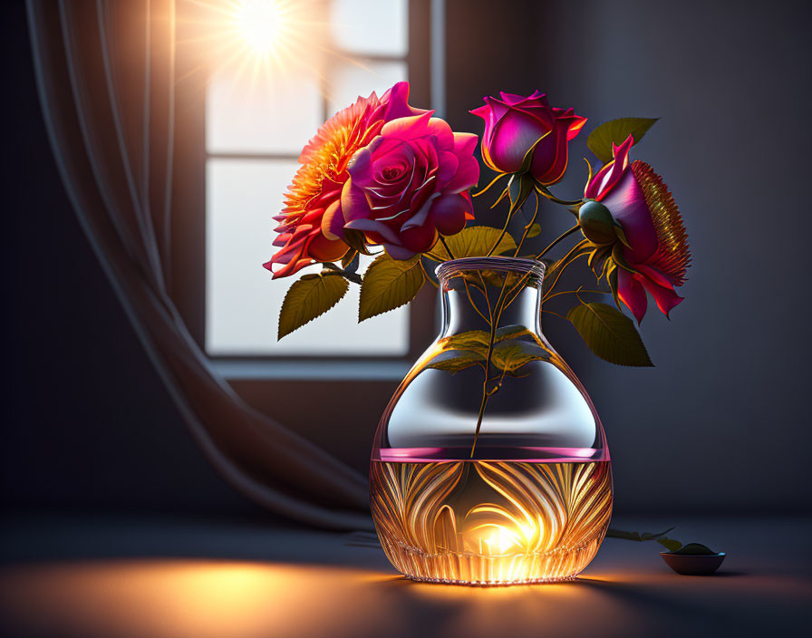 Colorful Roses Bouquet in Glass Vase with Sunlight Through Window