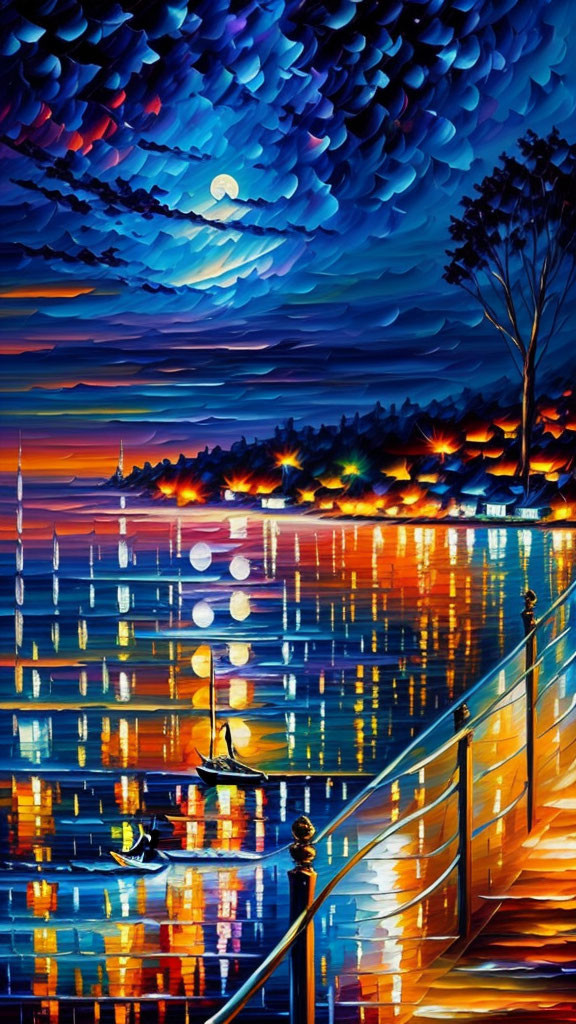 Colorful Impressionist Moonlit Water Painting with Reflecting Lights and Rail