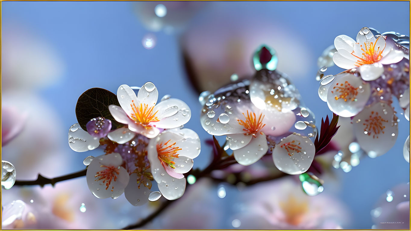 Delicate white and pink cherry blossom branches with glistening water droplets on a soft blue sky