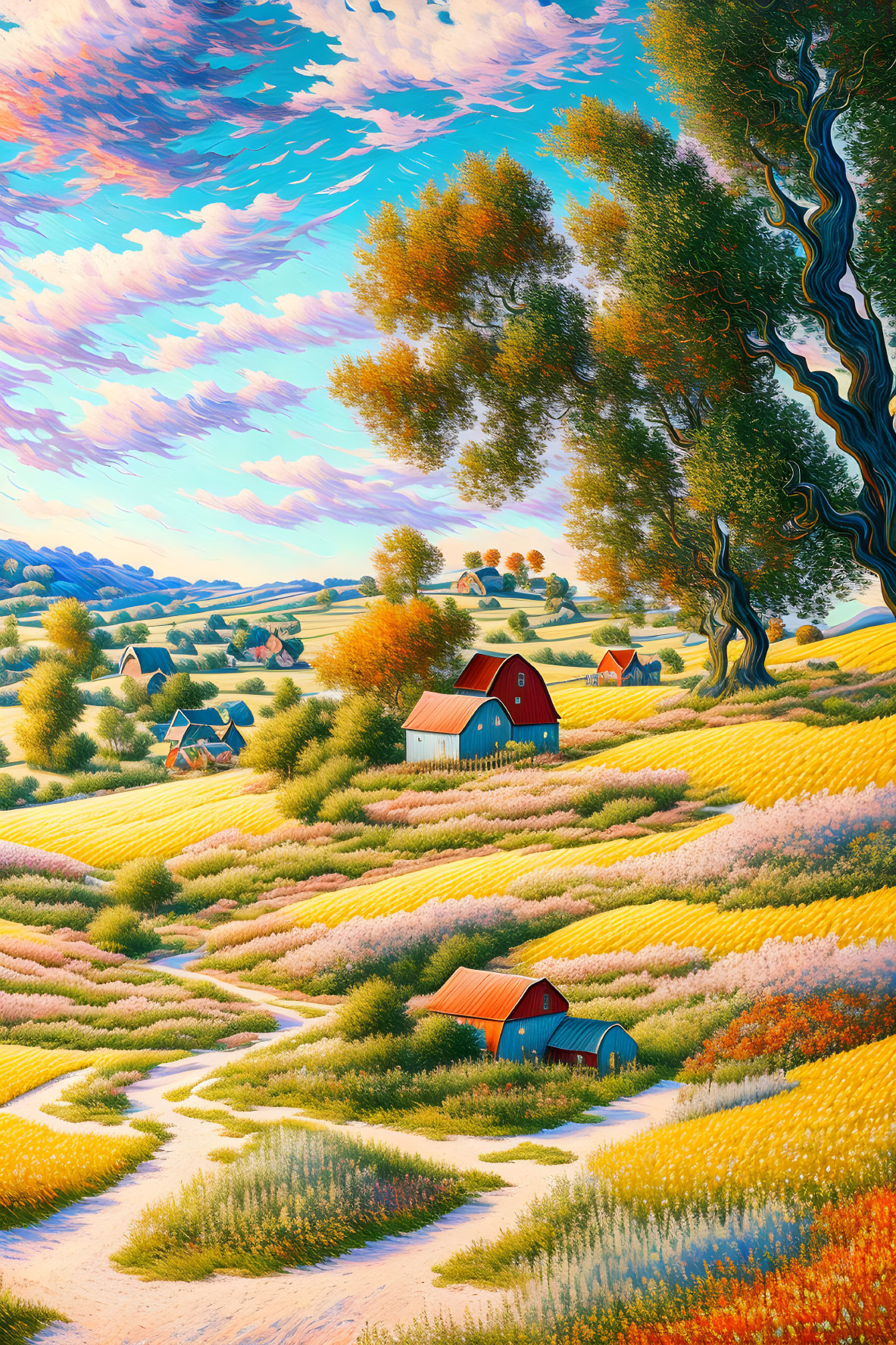 Colorful Landscape with Rolling Hills and Cottages