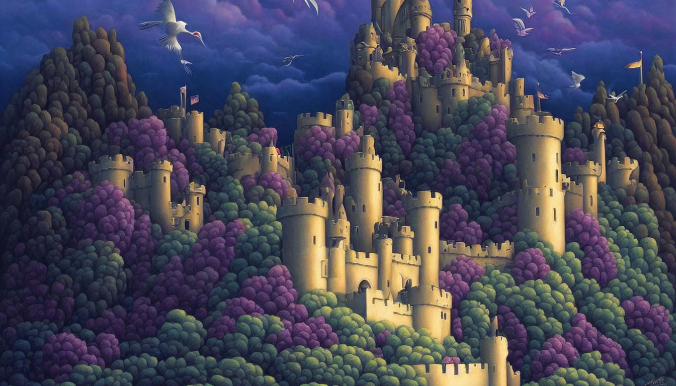 Fantastical landscape with multiple castles and purple-hued tree formations