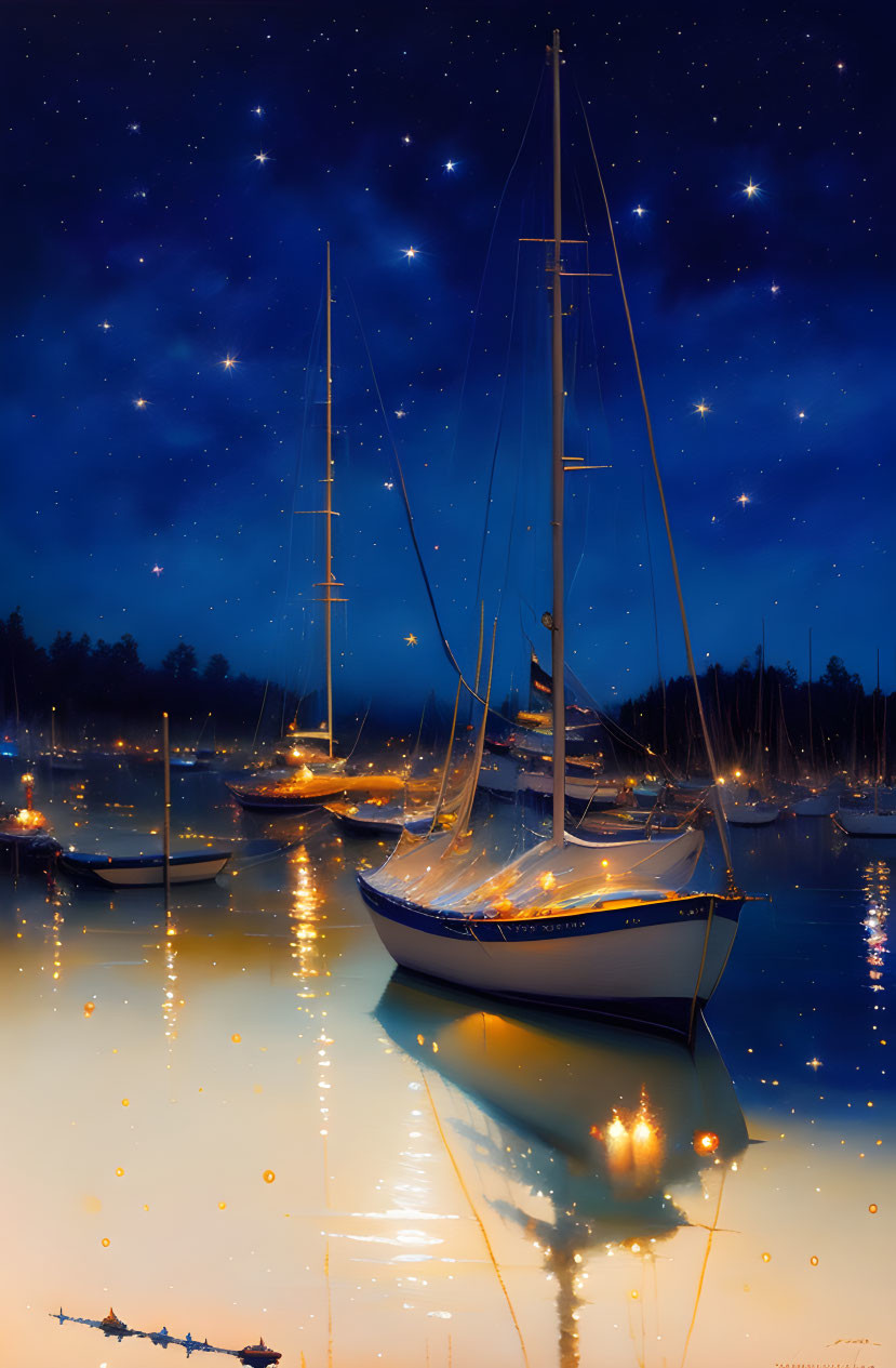 Night scene: Sailboats on calm waters under starry sky