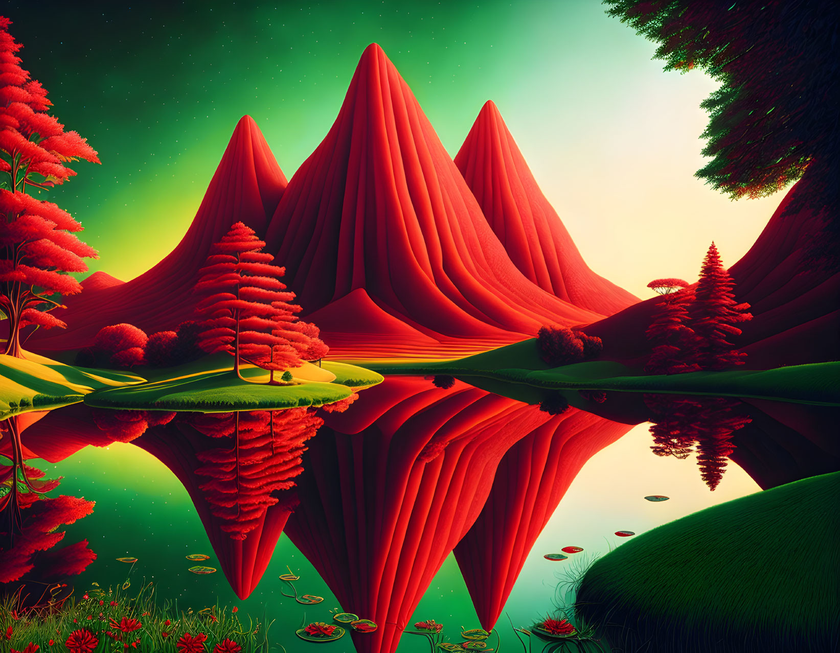 Surreal landscape with red trees, pointed mountains, and starry sky