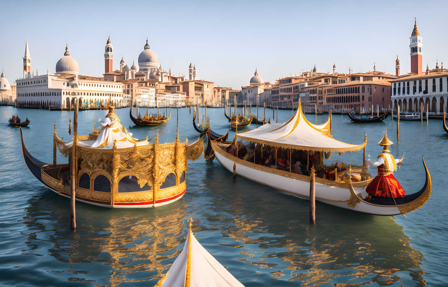 Venice's Grand Canal with ornate gondolas and historical buildings.