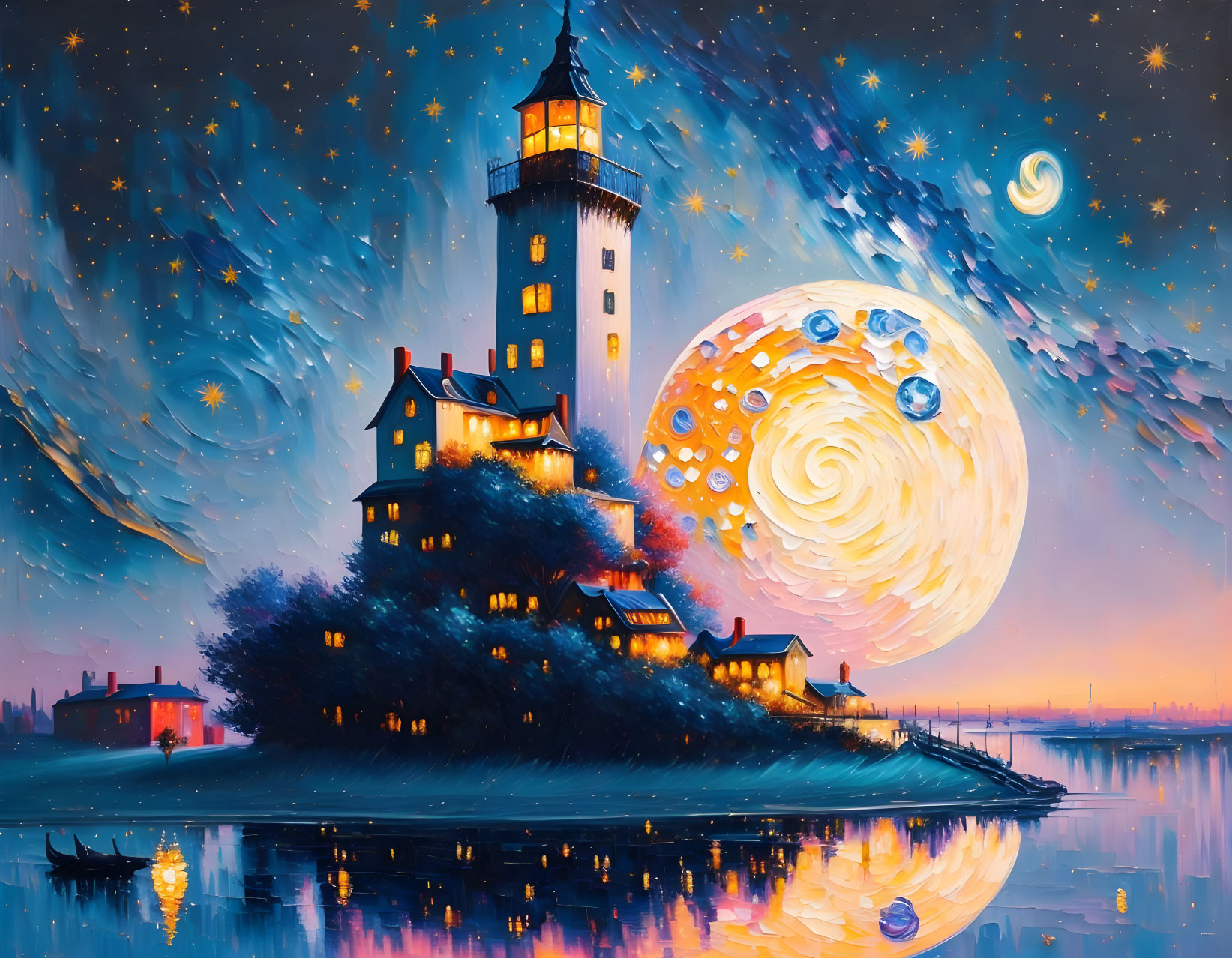 Lighthouse by the Sea: Night Scene with Whimsical Moon and Stars