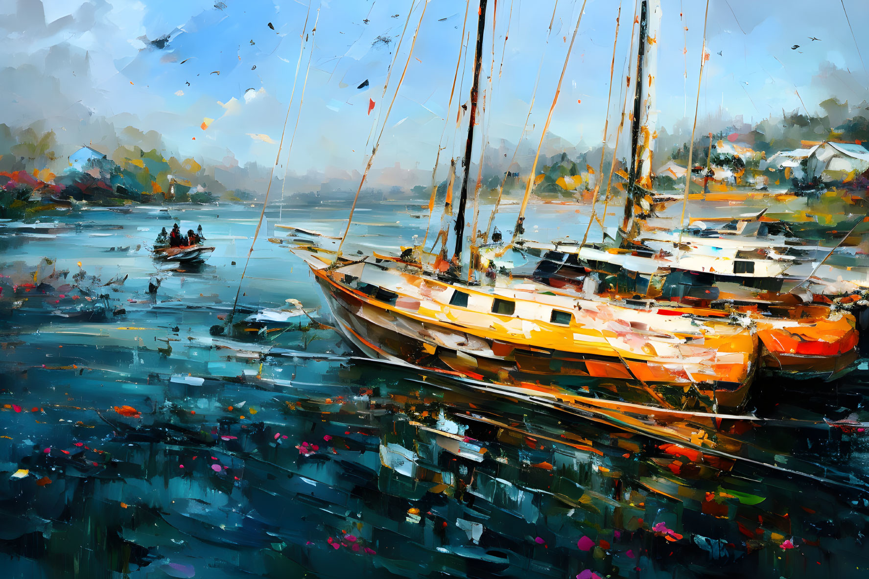 Boats in Colorful Harbor with Reflective Water