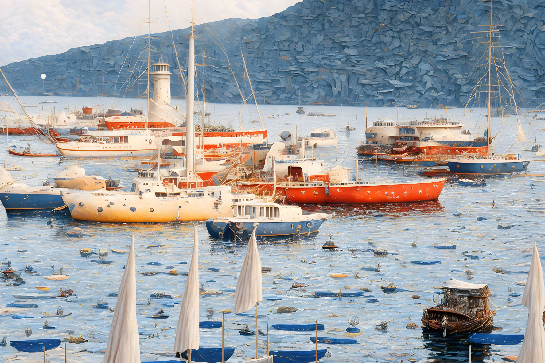 Harbor scene with boats, lighthouse, and mountains