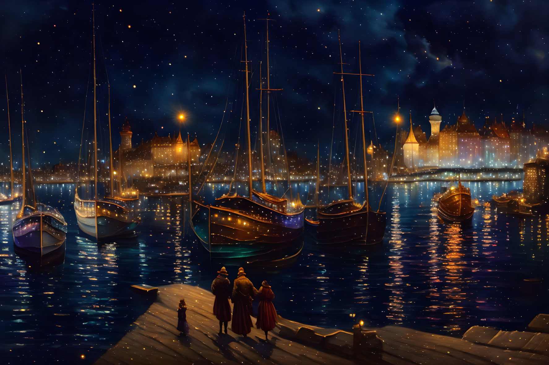 Nighttime harbor scene with boats, starry sky, and city lights reflecting on water