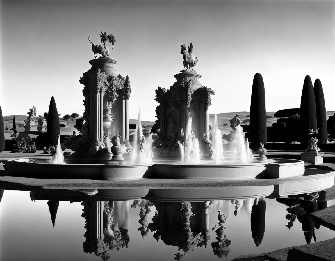 Ornate fountain with statues and water jets in a serene pond, framed by sculpted topi