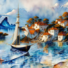 Tranquil water scene with sailing boats and coastal village