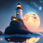 Lighthouse by the Sea: Night Scene with Whimsical Moon and Stars