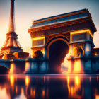 Fantastical cityscape with Eiffel Tower fusion and ornate bridge over river at sunset