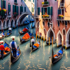 Gondoliers in Venetian canal with historic buildings and flower-draped balconies