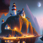 Lighthouse painting on cliff with houses, boat, twilight sky