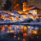 Starlit Village Reflecting in Tranquil Water Under Dusky Sky