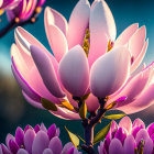 Close-up of vibrant pink magnolia flower with golden center on blurred background