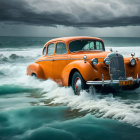 Vintage Orange Car with White-Wall Tires by Ocean in Stormy Sky