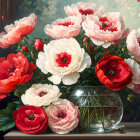 Red and White Poppies in Round Vase on Muted Background