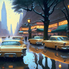 Vintage Cars on Snowy Street with Illuminated Lamps at Dusk