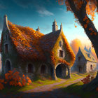 Quaint stone cottage in autumn setting with ivy-covered trees