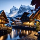 Snow-covered alpine village at twilight with illuminated chalets and serene river.