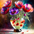 Multicolored poppies bouquet in glass vase with water droplets and petals on bokeh background