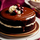 Decadent layered chocolate cake with ganache and cherries on elegant plate