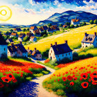 Vibrant painting of picturesque village with blooming fields and traditional houses